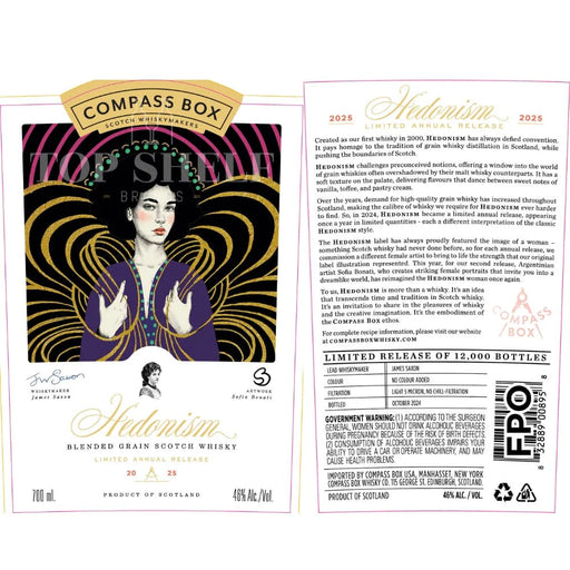 Label close-up van Compass Box Hedonism 2025 blended grain whisky