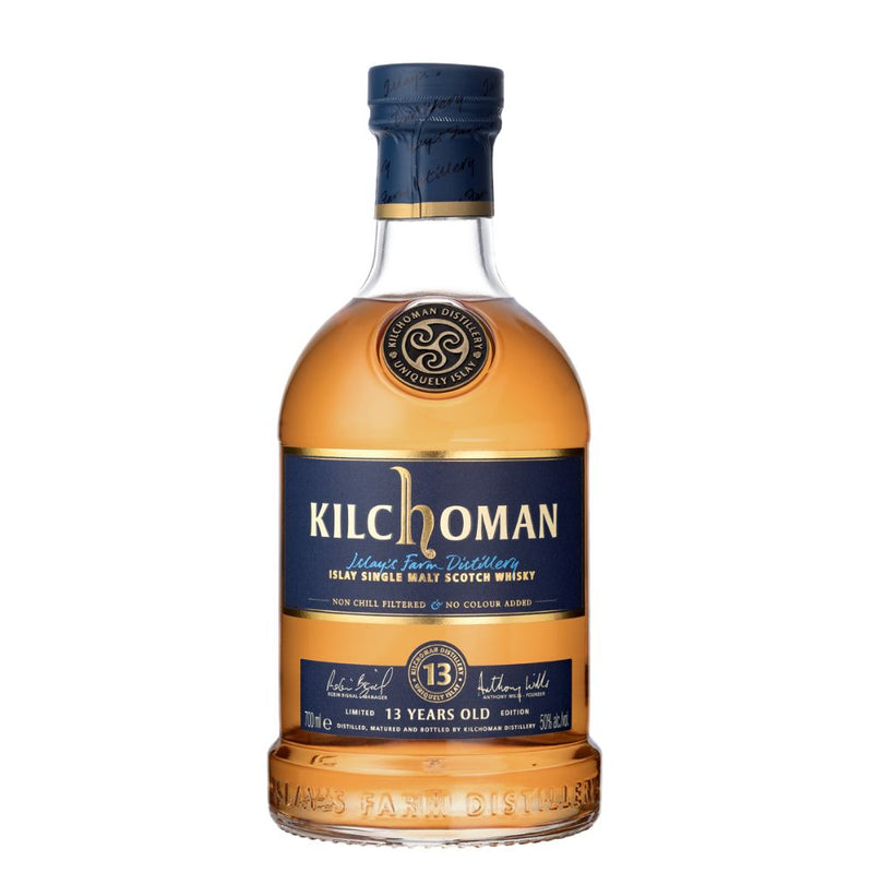 Kilchoman 13 Year Old single malt whisky, fles met label in beeld