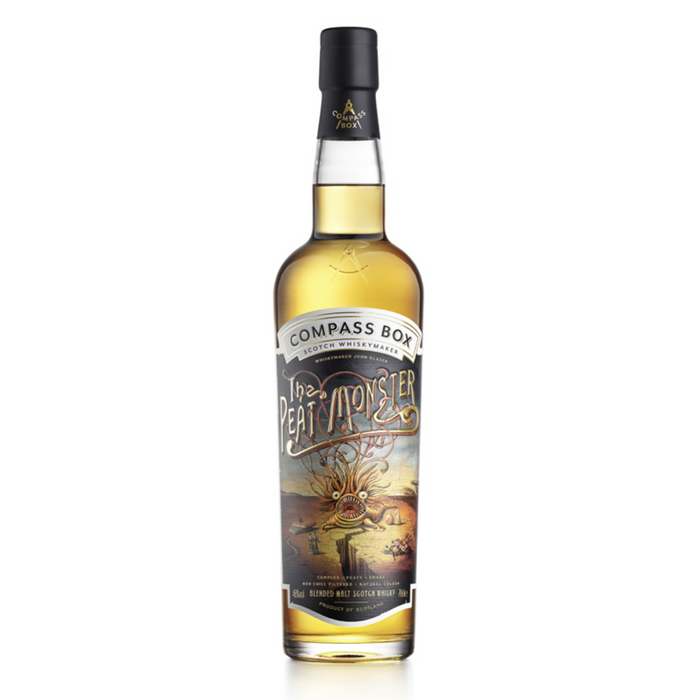 Whisky Compass Box The Peat Monster is een blend van single malts uit Islay en Highland met  zoete tonen van vanille en gedroogd fruit.