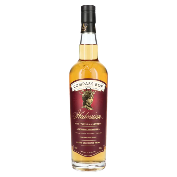 Whisky Compass Box Hedonism is een Schotse whisky met tonen van roodfruit, biscuitgebak en een kick van rode peper.