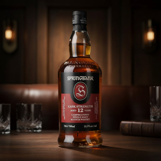 Springbank 12 Years Cask Strength met sfeervolle achtergrond