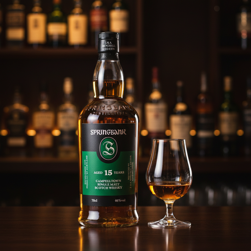 Springbank 15Y met whisky snifter glas en barachtergrond