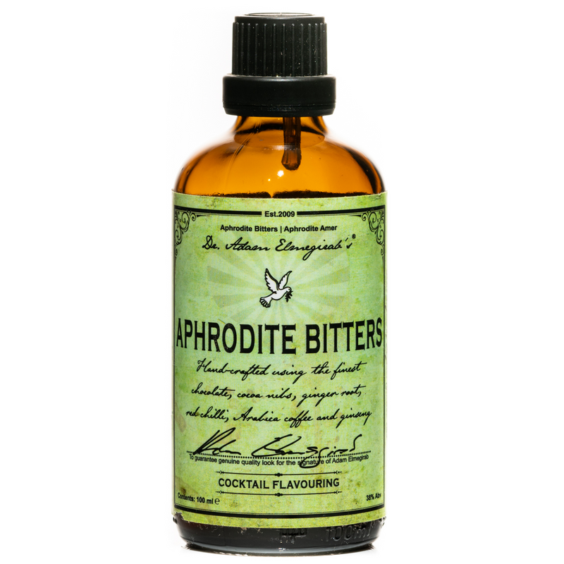 Dr. Adam Elmegirab’s Aphrodite bitter is een cocktailbitter met afrodiserende eigenschappen, dankzij onder andere cacao, koffie, zwarte peper en rode chili.