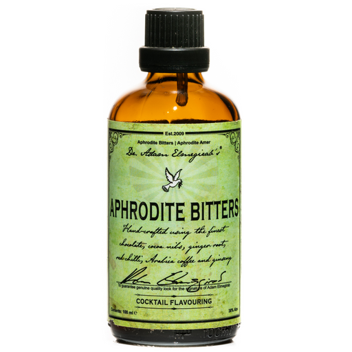 Dr. Adam Elmegirab’s Aphrodite bitter is een cocktailbitter met afrodiserende eigenschappen, dankzij onder andere cacao, koffie, zwarte peper en rode chili.