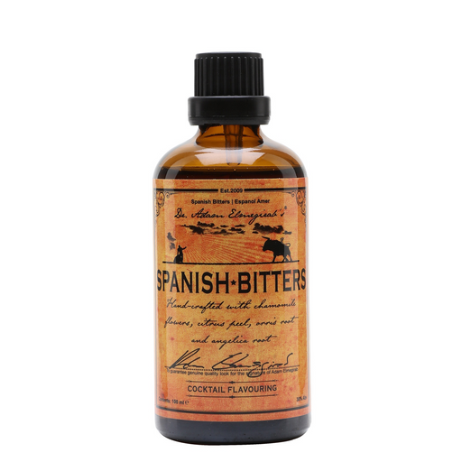 Dr. Adam Elmegirab’s Spanish bitter is een cocktailbitter uit Schotland met gedroogde kamille en sinaasappel- en citroenschillen. 
