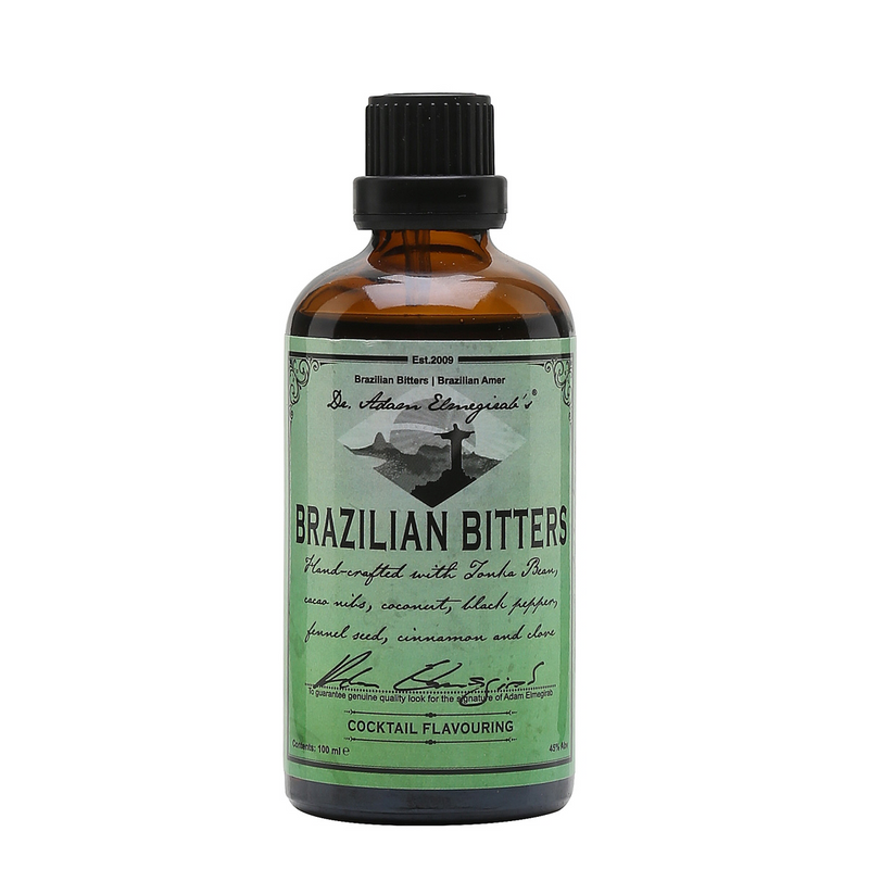 Dr. Adam Elmegirab’s Brazilian bitter is een cocktailbitter uit Schotland met ingrediënten uit Brazilië zoals tonkabonen, cacaobonen, gedroogde kokosnoot en Arabica koffie.