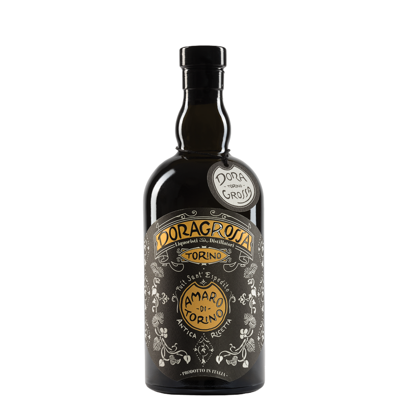 Bitter Doragrossa Amaro di Torino, afkomstig uit Italië, bevat krachtige rabarber, gentiaan en balsamico-tonen.