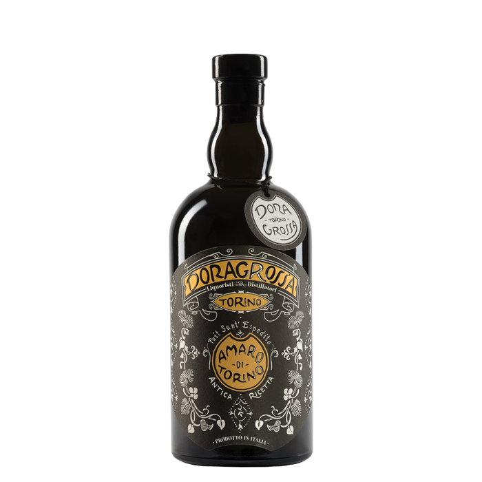 Bitter Doragrossa Amaro di Torino, afkomstig uit Italië, bevat krachtige rabarber, gentiaan en balsamico-tonen.
