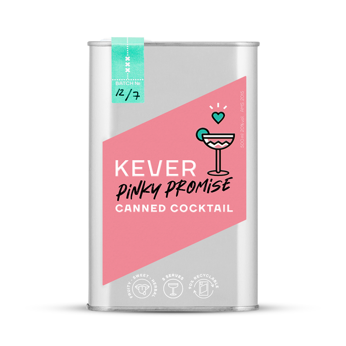 De Kever Genever Pinky Promise is een ready-to-drink-cocktail met frambozensiroop uit Amsterdam. 
