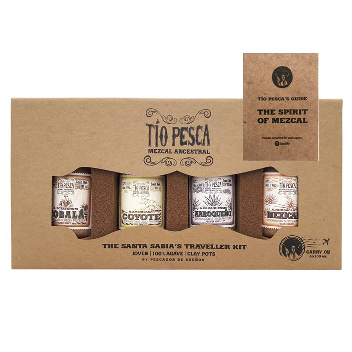 Mezcal Tio Pesca Traveler Giftpack bestaat uit 4 unieke mezcals die op bijzondere en traditionele wijze zijn gemaakt. 