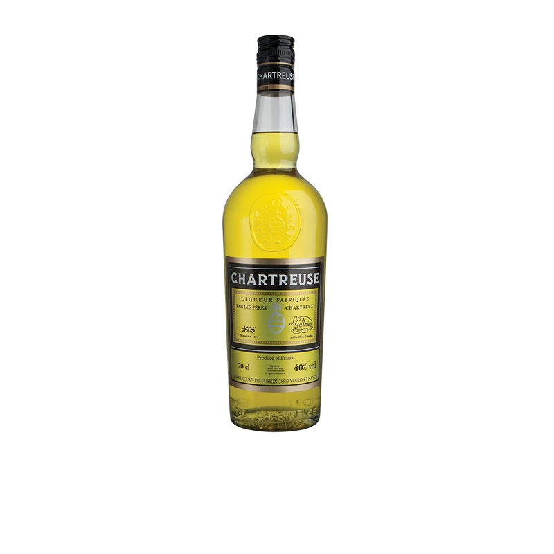 Fles Chartreuse Jaune likeur met gele kleur en Franse herkomst.