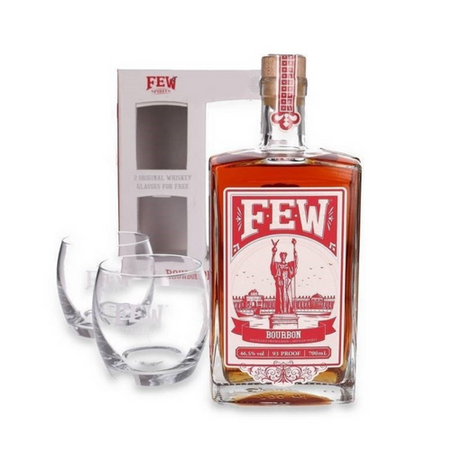 De Whiskey FEW Bourbon komt in een geschenkverpakking met 2 whiskey glazen. 